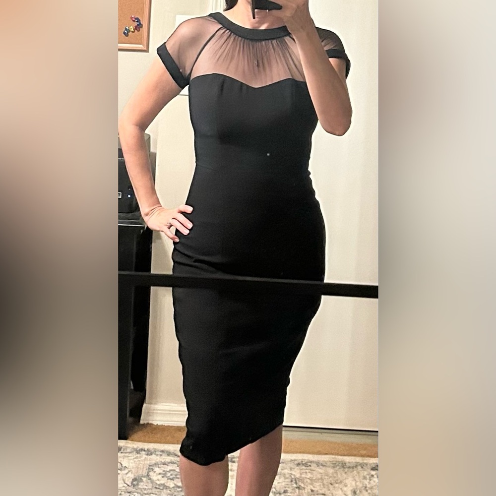 Maggy London Illusion Round Neck with Sheer Yoke Cap Sleeve Sheath Dress